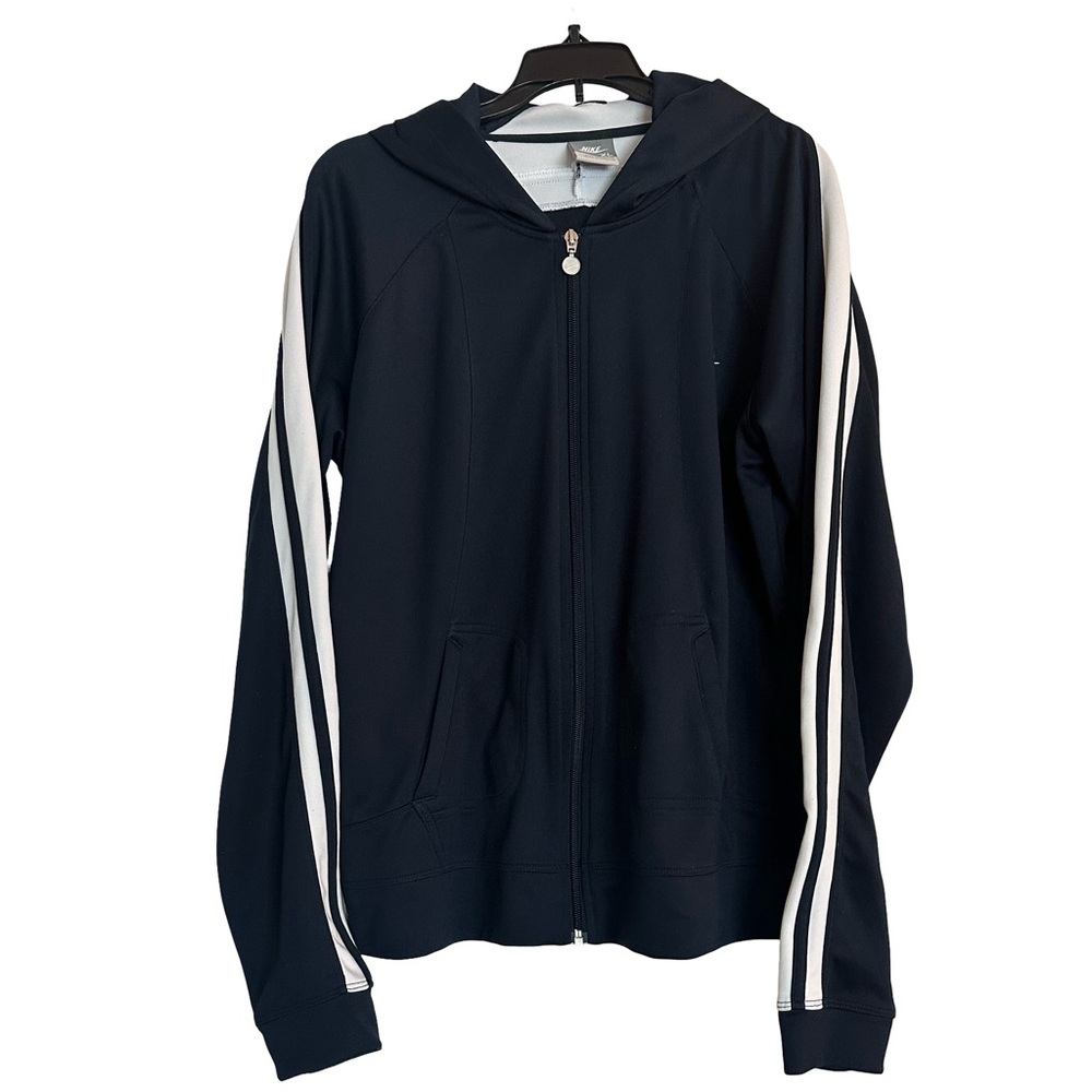 NIKE Women's Navy Blue Full Zip Hooded Jacket with White Accent Stripes
